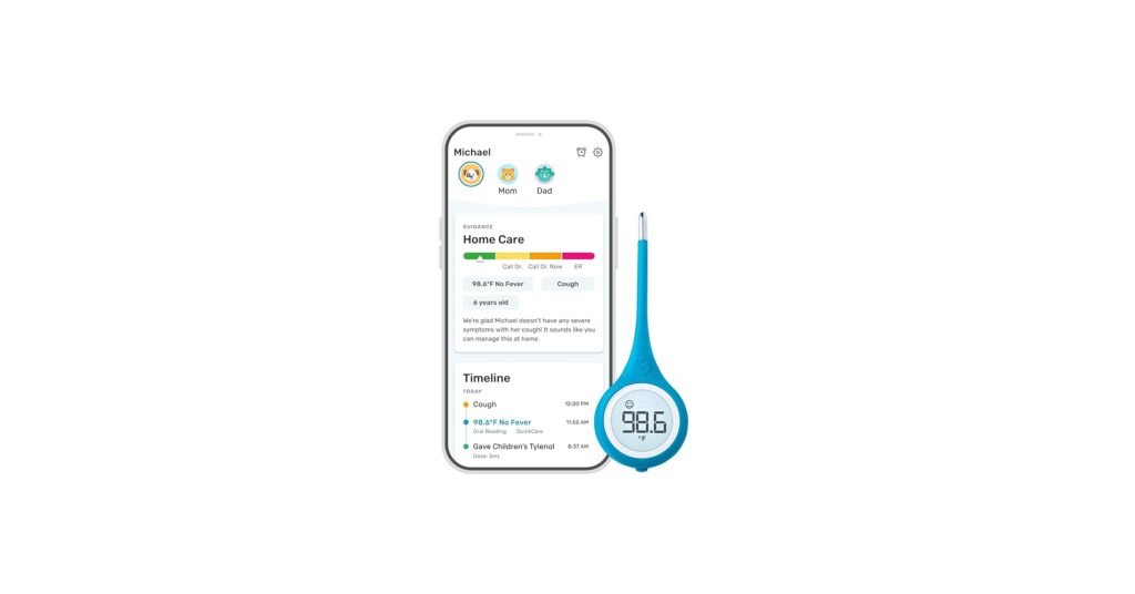 Kinsa QuickCare digital thermometer beside a phone showing a temperature log