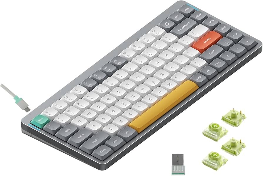 Low-profile NuPhy Air75 V2 keyboard on a desk with slim keycaps and compact 75% layout