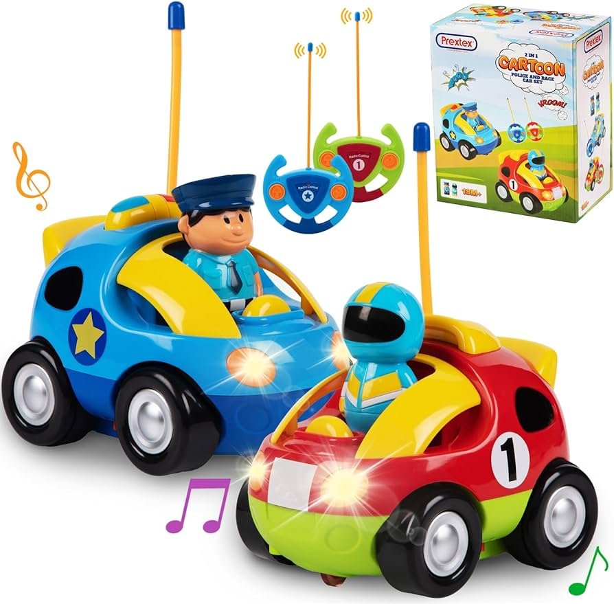 Prextex cartoon remote control car set with steering wheel controller and flashing headlights