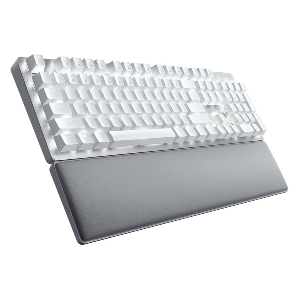 Razer Pro Type Ultra full-size wireless keyboard with wrist rest on an office desk