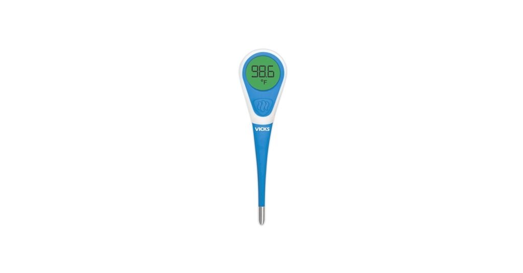 Vicks ComfortFlex digital thermometer with a flexible tip and easy-to-read numbers