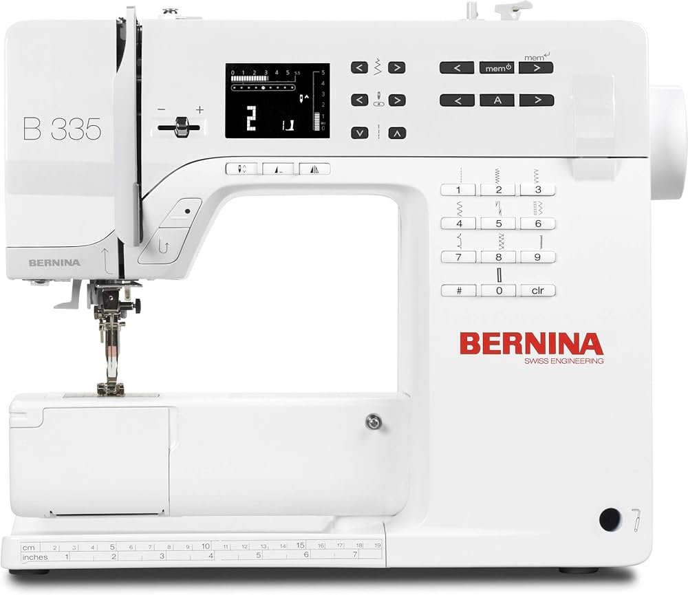 Bernina 335 sewing machine with LCD display and compact premium build on a sewing desk