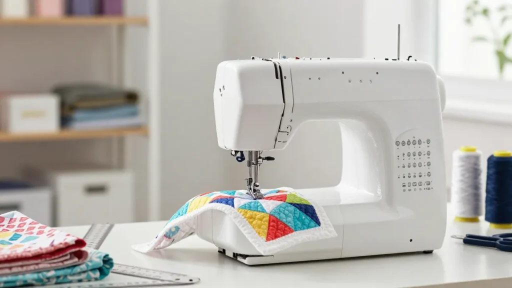 Modern sewing machine quilting a colorful fabric quilt on a sewing table