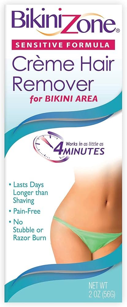 Bikini Zone crème hair remover tube next to a small applicator for intimate area hair removal