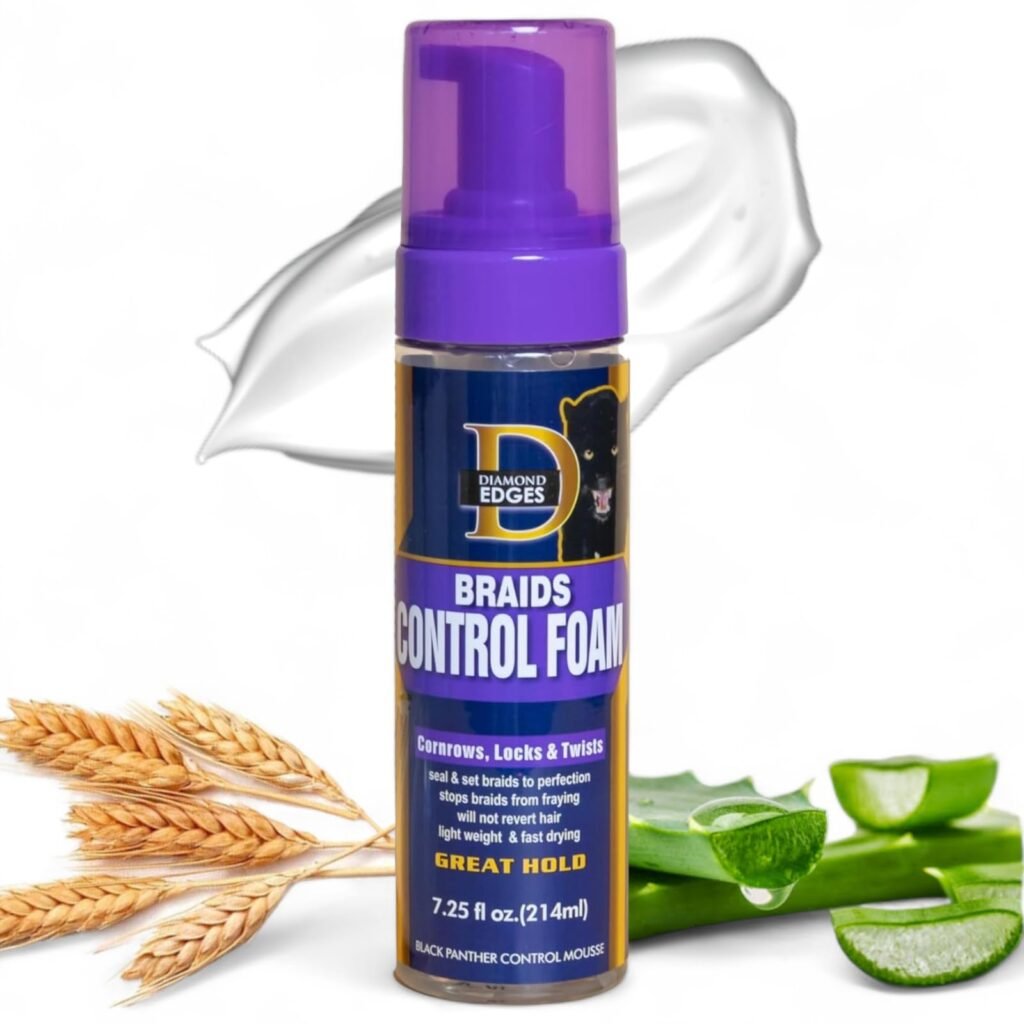 Black Panther edge and braid control jar beside braid hair and a rat-tail comb