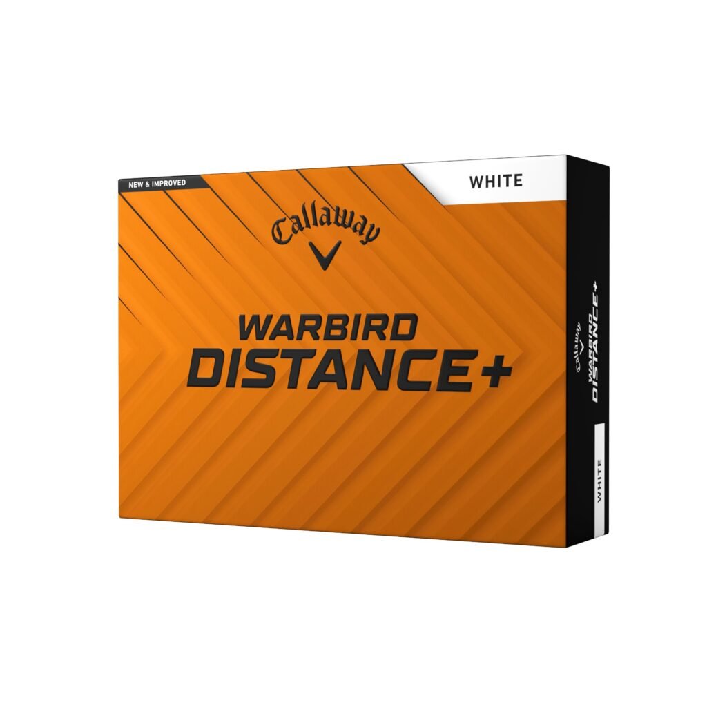White Callaway Warbird Distance+ golf ball close-up with printed Warbird branding