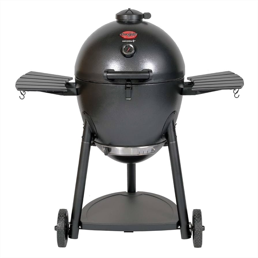 Char-Griller Akorn kamado charcoal grill smoker with temperature gauge and side shelves