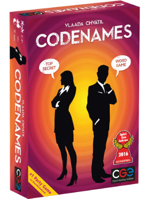 Codenames board setup with word grid and team key card