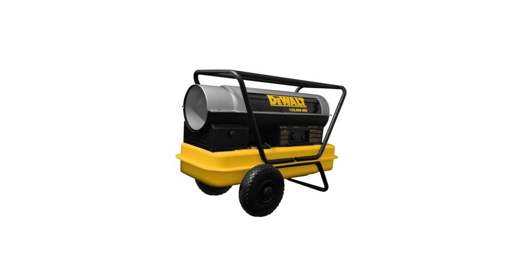DeWalt DXH135HD yellow rolling forced-air kerosene heater in a large garage