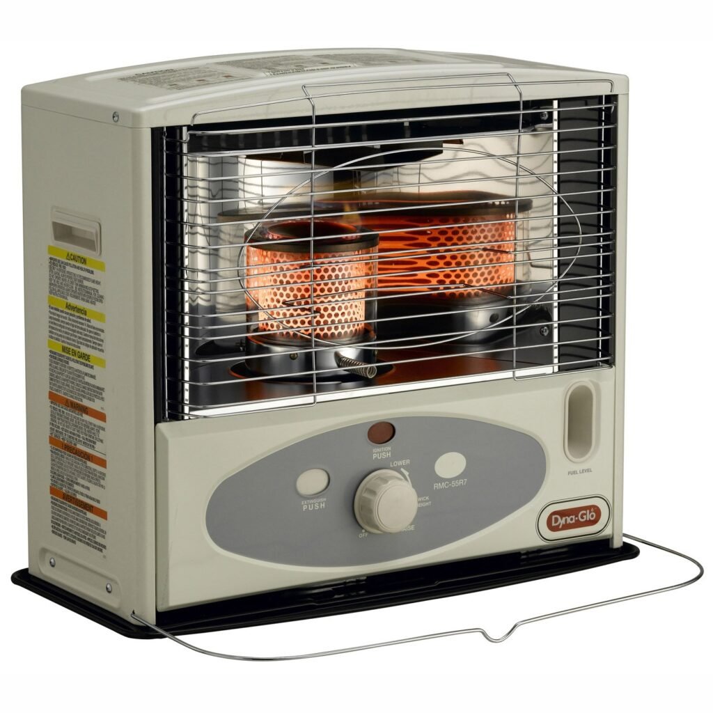Dyna-Glo RMC-55R7 ivory radiant kerosene heater in a living room setting