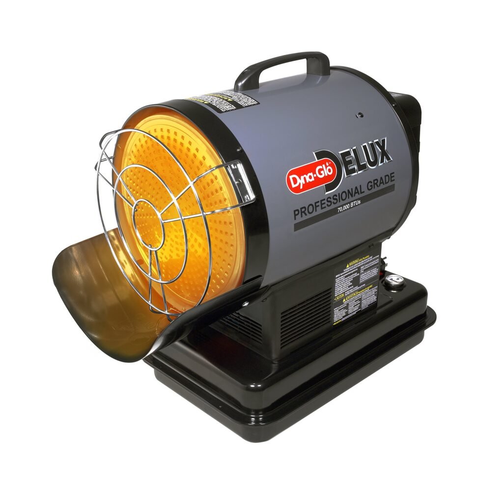 Dyna-Glo SF70DGD kerosene radiant forced-air heater in a workshop environment