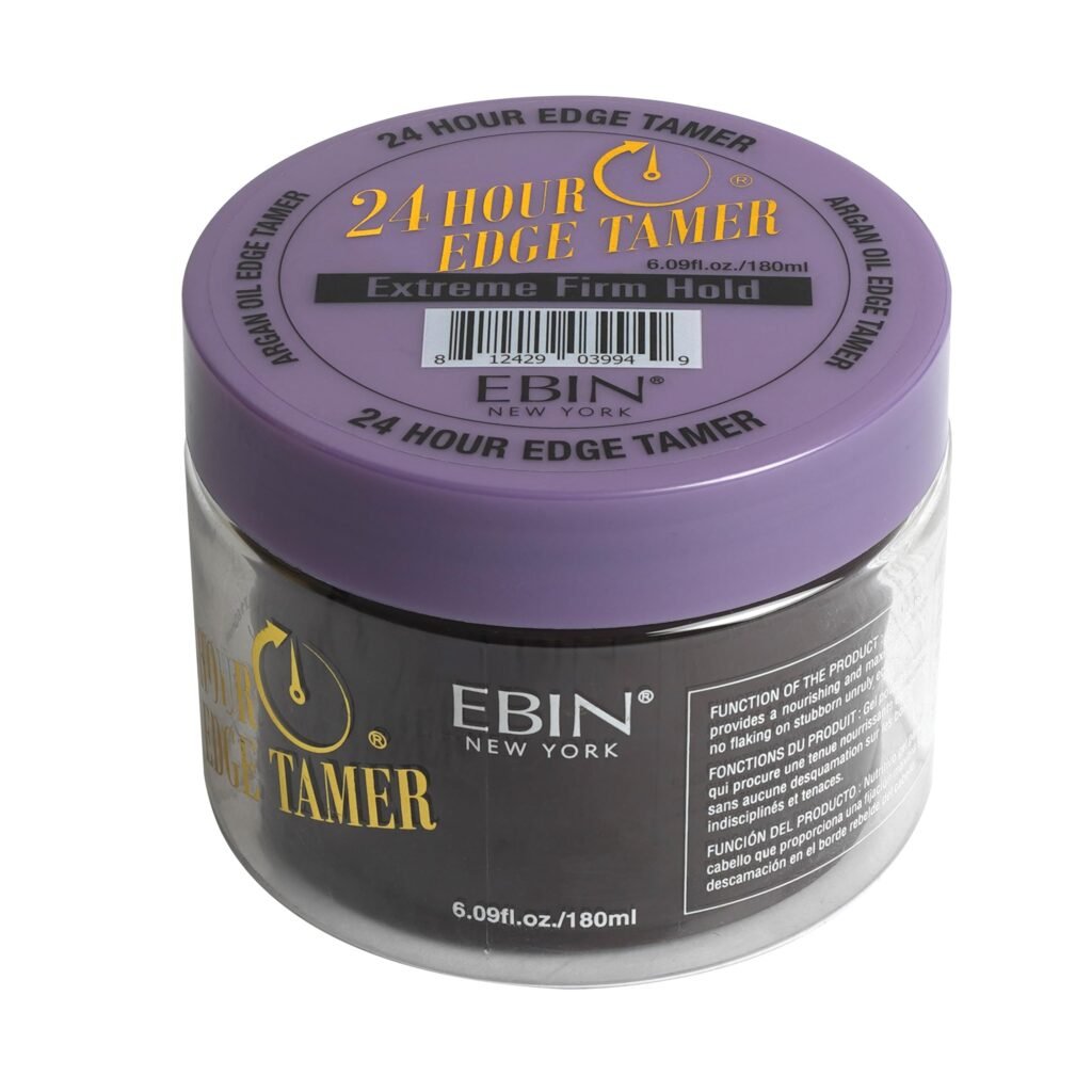 EBIN New York 24 Hour Edge Tamer on a brush beside a small edge brush and a satin scarf