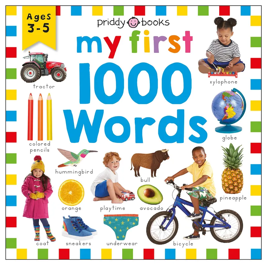 First 100 Words board book cover with photo tiles of common objects and animals