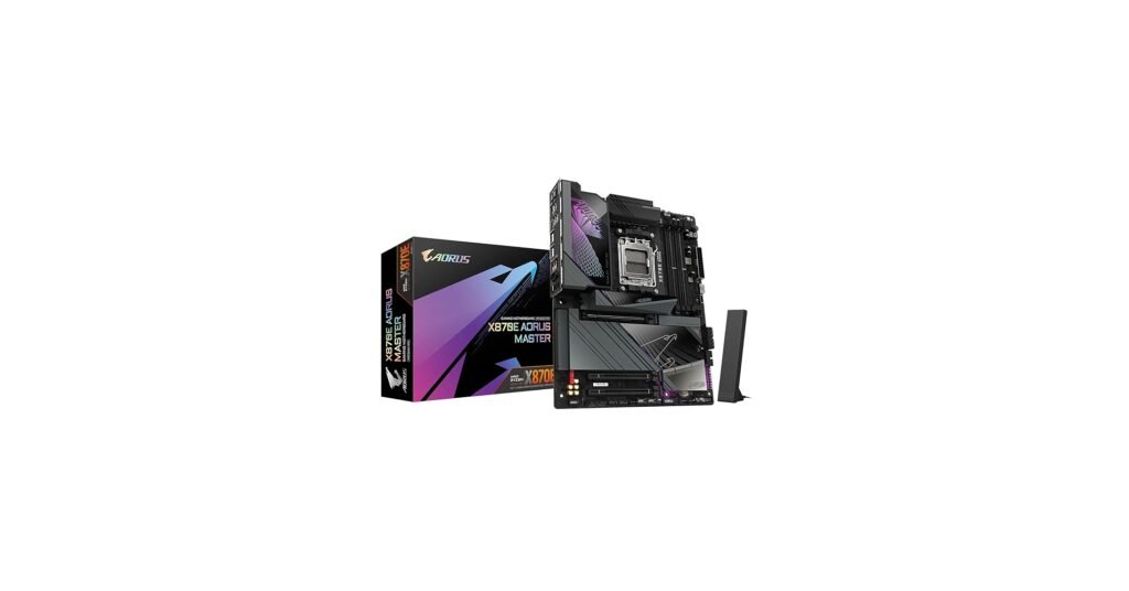 GIGABYTE X870E AORUS Master motherboard with reinforced PCIe slot and multiple M.2 heatsinks