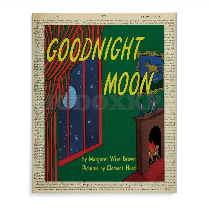 Goodnight Moon board book cover showing a green bedroom scene with moonlight through the window