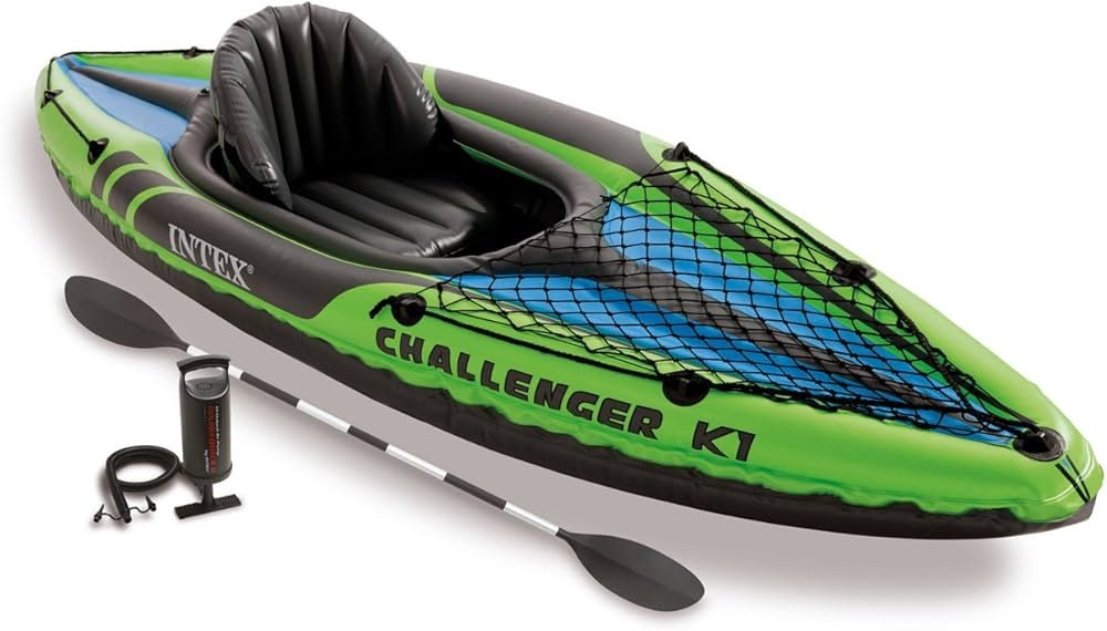 Intex Challenger K1 inflatable one person kayak on flat water with adjustable seat and green hull