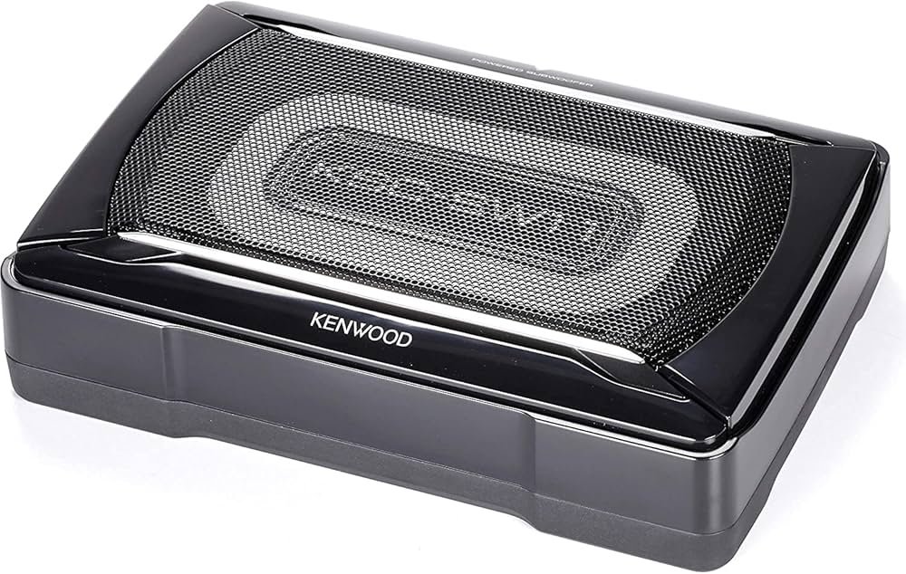 Kenwood KSC-SW11 compact powered subwoofer mounted under a car seat