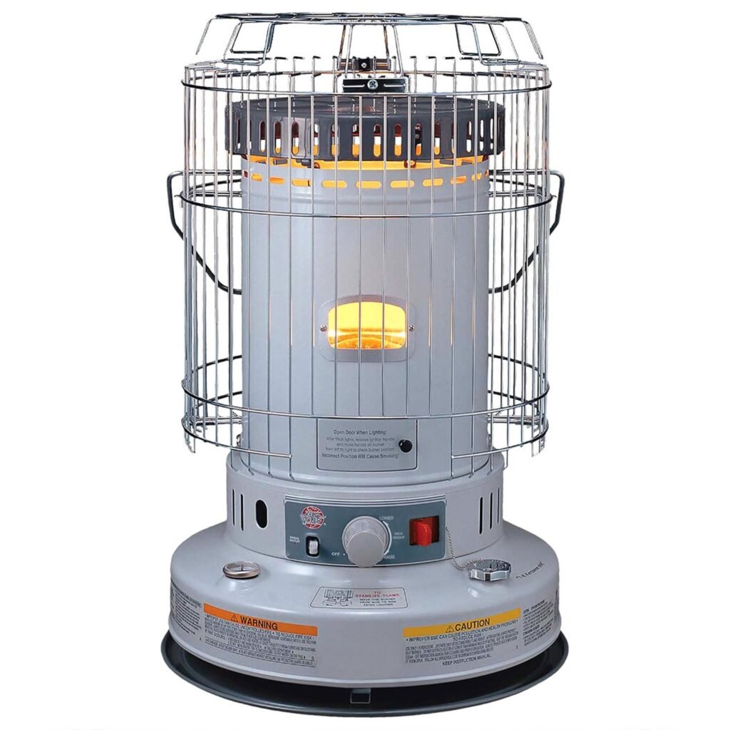 Kero World indoor kerosene heater in white placed on tile floor with clear space around it