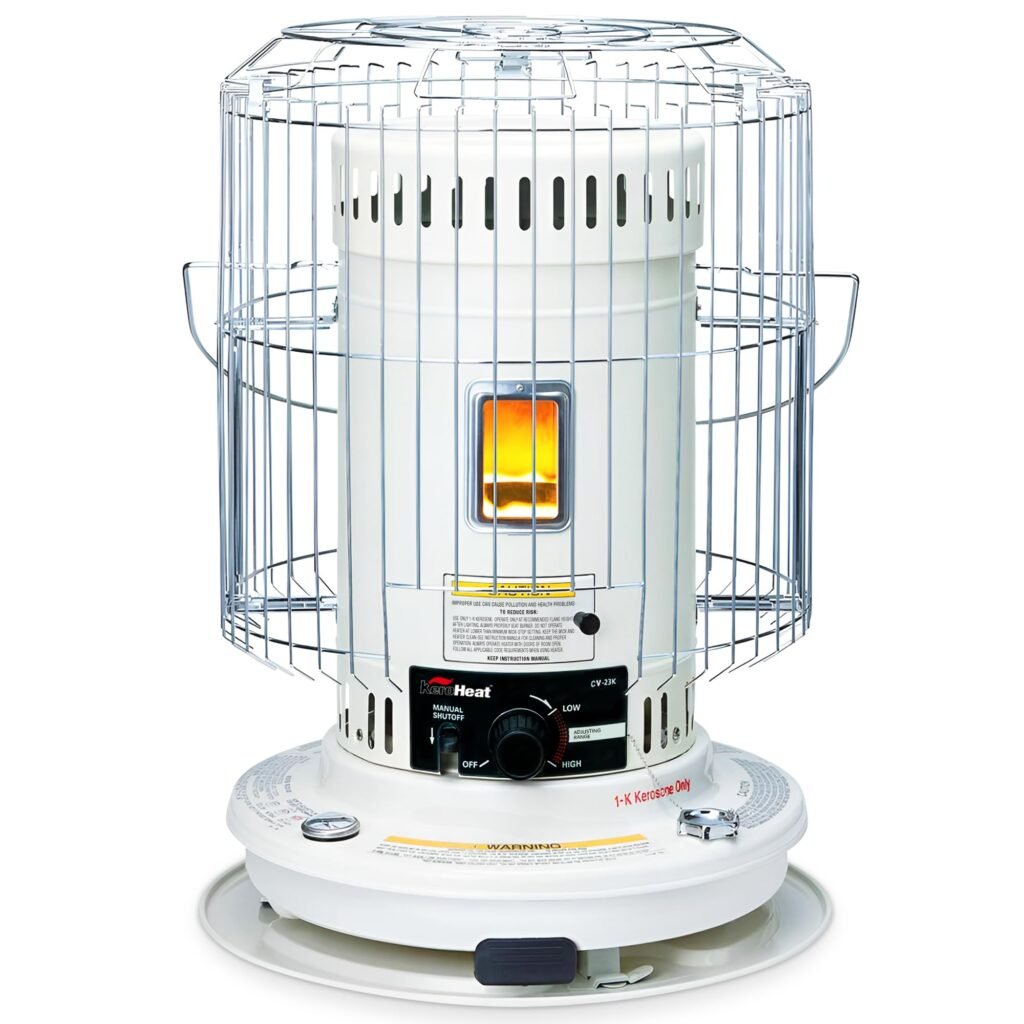 KeroHeat Sengoku CV-23K kerosene convection heater in white on a floor in a garage