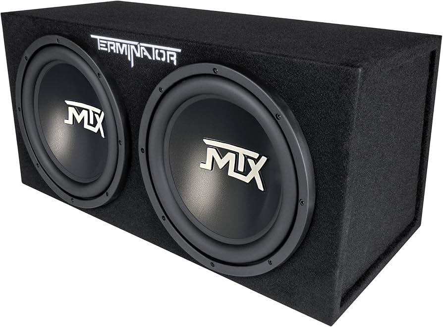 MTX Terminator dual 12 inch loaded subwoofer enclosure installed in a car trunk