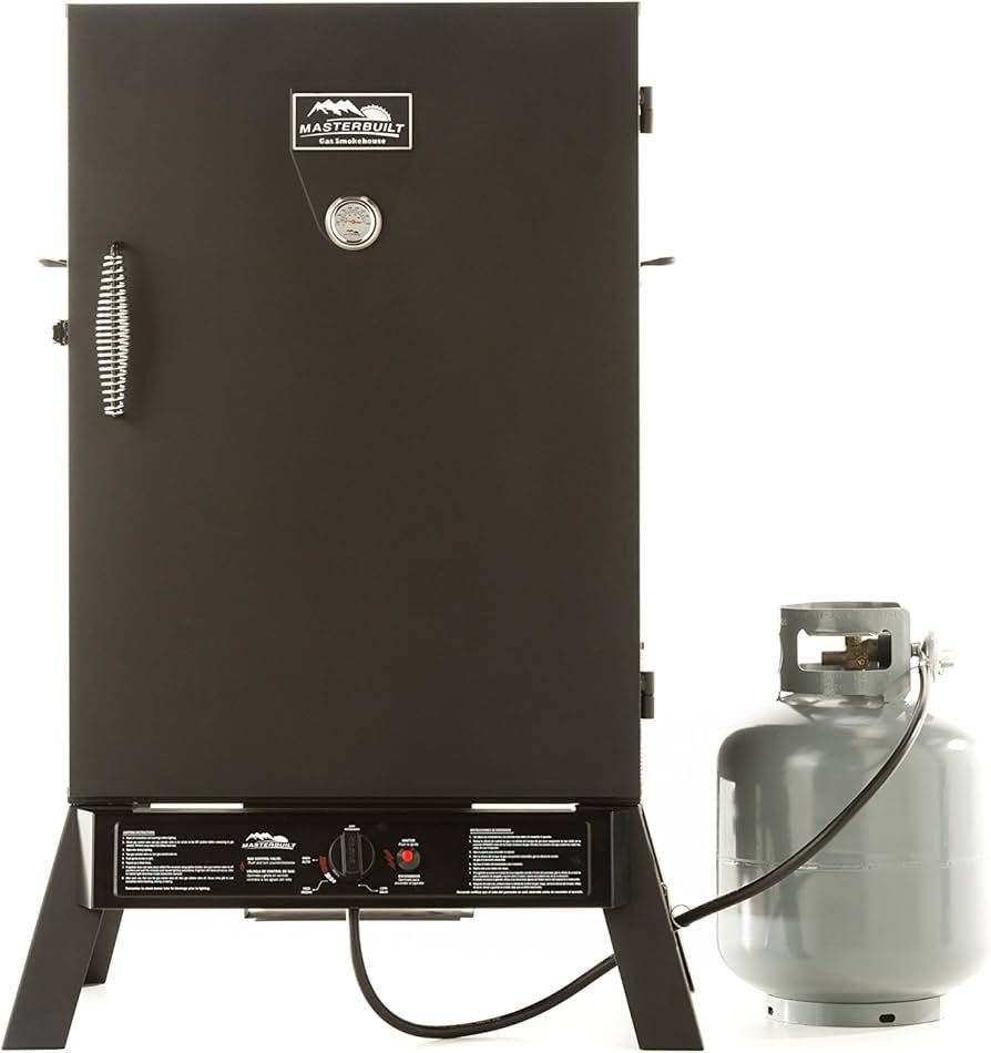 Masterbuilt 40-inch propane smoker with front door and multiple racks