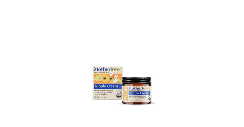 Motherlove Nipple Cream small jar with herbal ingredients on wood surface