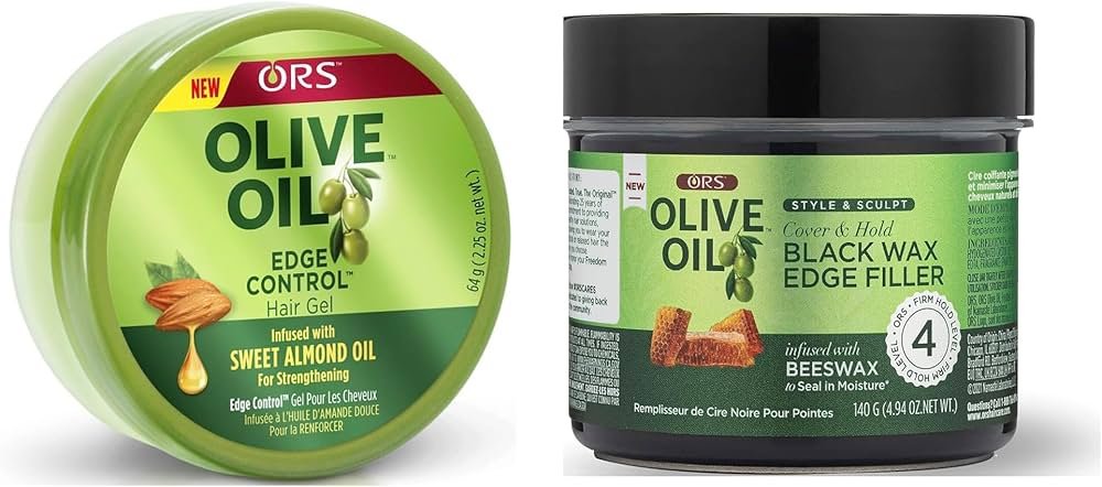 ORS Olive Oil Edge Control jar beside an edge brush and a wide-tooth comb