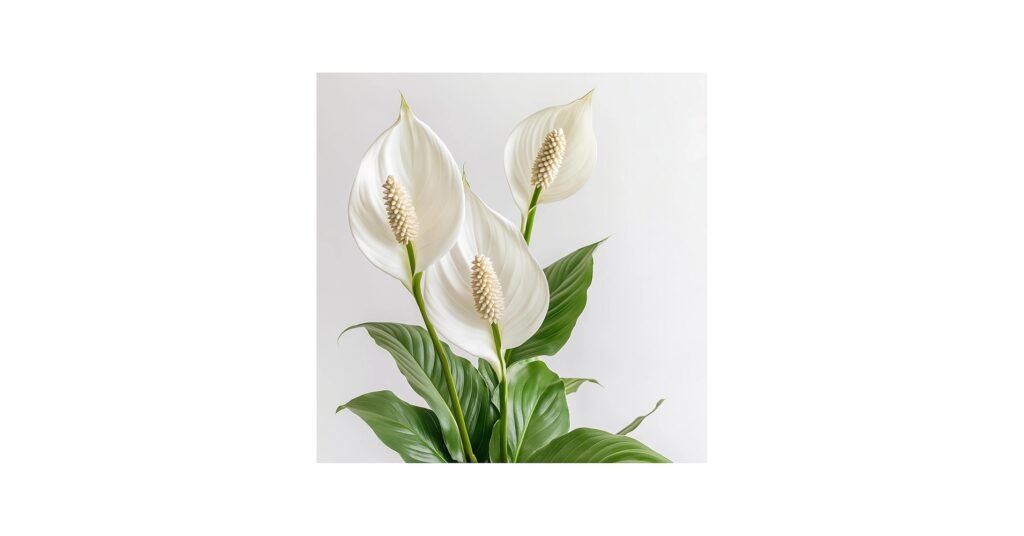 Peace lily with white blooms and glossy green leaves on an indoor stand