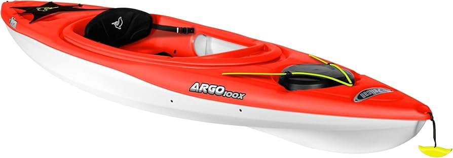 Pelican Argo 100X sit in recreational kayak on calm lake with padded seat and front hatch