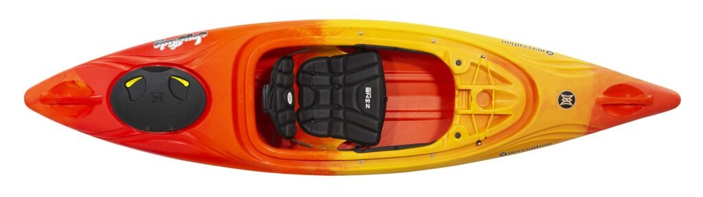 Perception Joyride 10 sit in kayak on calm water with large cockpit opening and adjustable seat