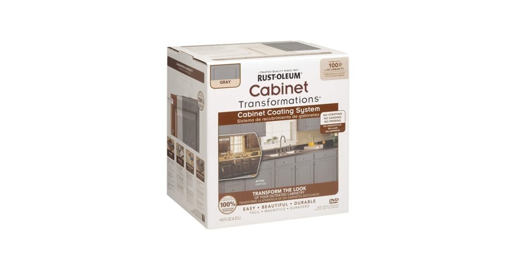 Rust-Oleum cabinet coating kit finish on laminate cabinet doors in satin sheen