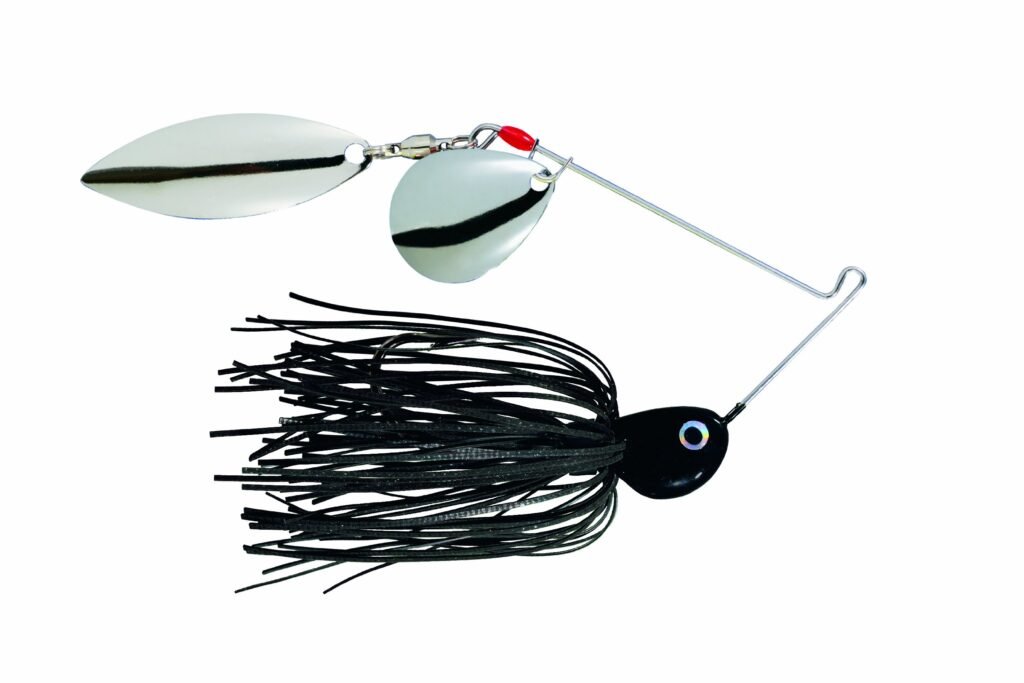 Strike King spinnerbait with dual blades and skirted body in chartreuse and white