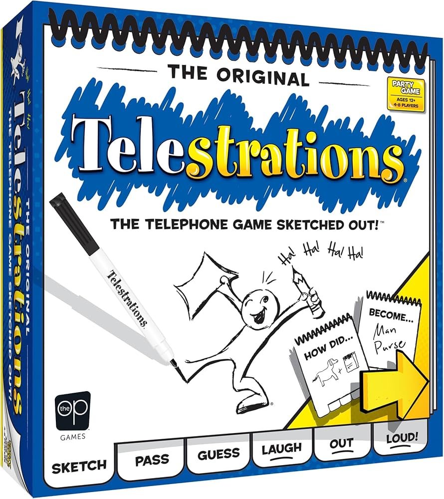 Telestrations sketchbook party game with dry-erase markers and word cards