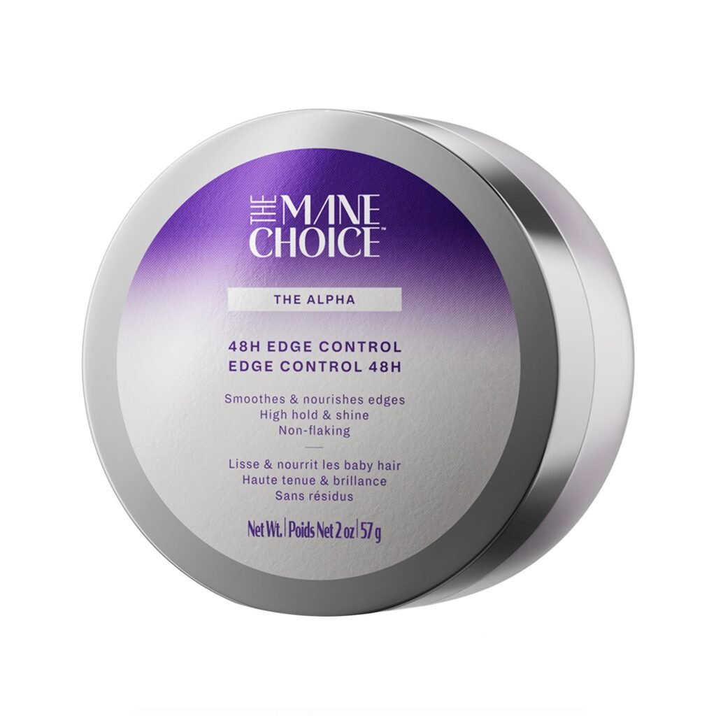 The Mane Choice edge control jar with smooth cream-gel texture next to a satin scarf