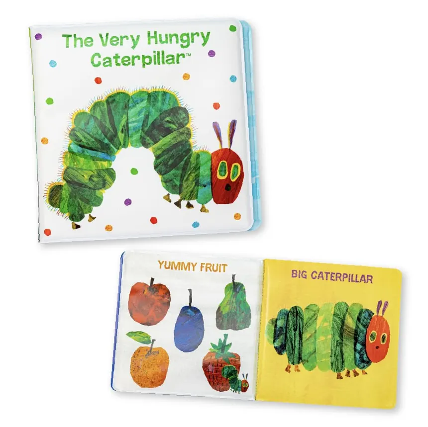Board book cover of The Very Hungry Caterpillar with a colorful caterpillar on a white background