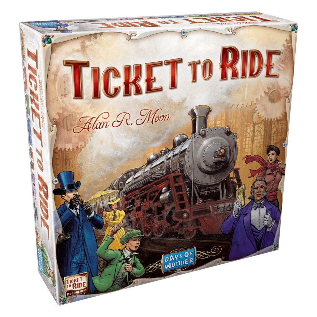 Ticket to Ride board with colored train pieces and route cards