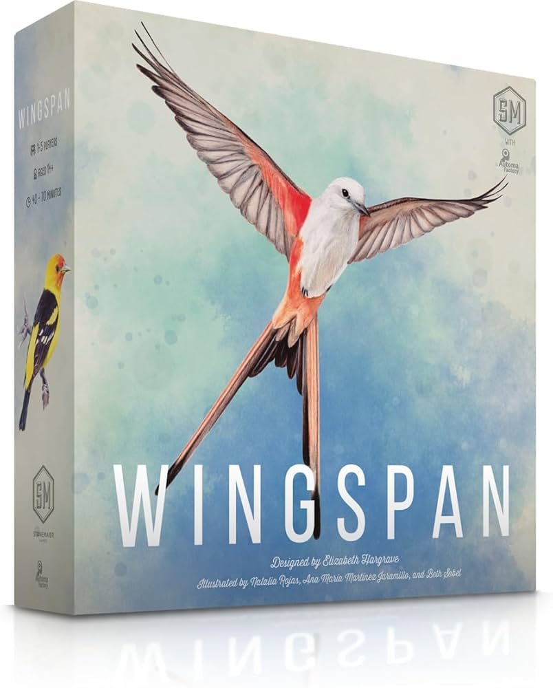Wingspan board game with bird cards, dice tower, and player mats