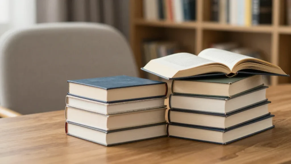 Stack of books on a table in a quiet reading space for a best books for men guide