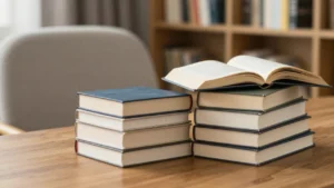 Stack of books on a table in a quiet reading space for a best books for men guide