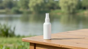 Insect repellent spray placed outdoors for protection against no-see-ums