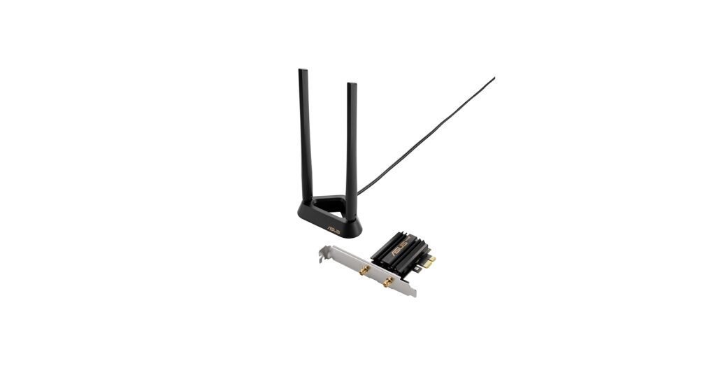 ASUS PCE-AXE59BT WiFi 6E PCIe card with dual external antennas installed in desktop PC
