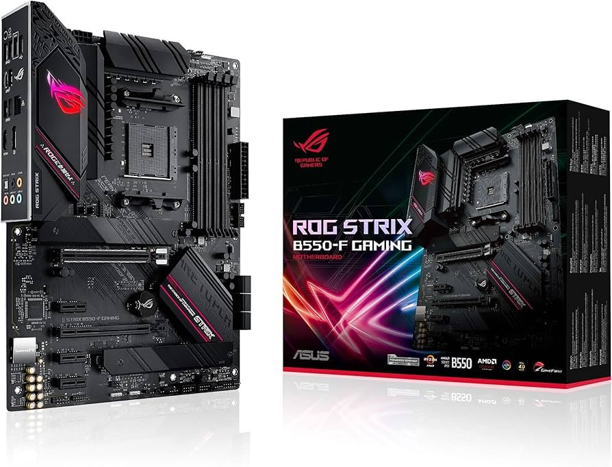 ASUS ROG Strix B550-F Gaming WiFi motherboard installed in mid-tower gaming case
