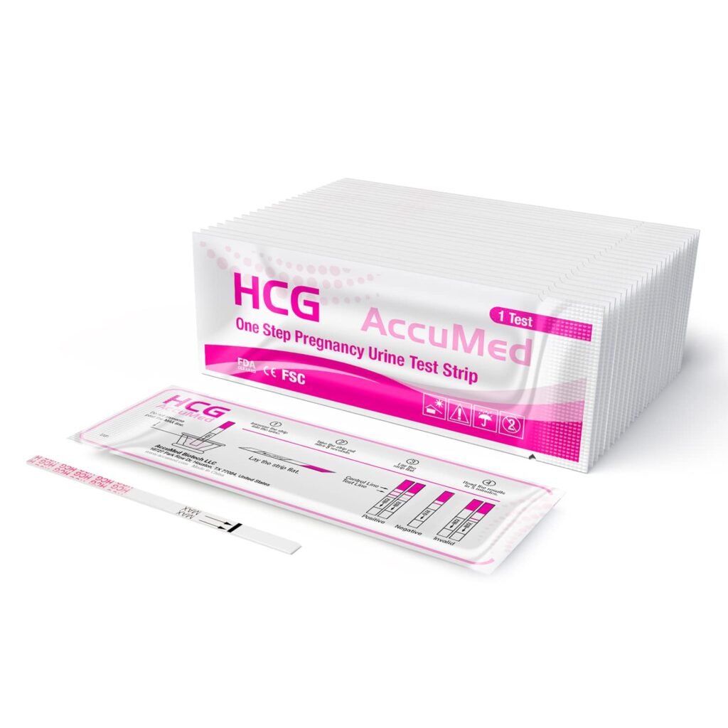 Accu-Clear pregnancy test strips with clear dip end markings and easy-to-read lines
