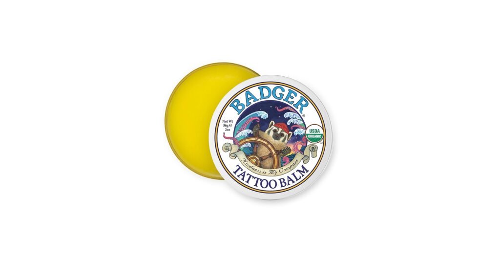Badger Tattoo Balm in a small tin for soothing fresh tattoos