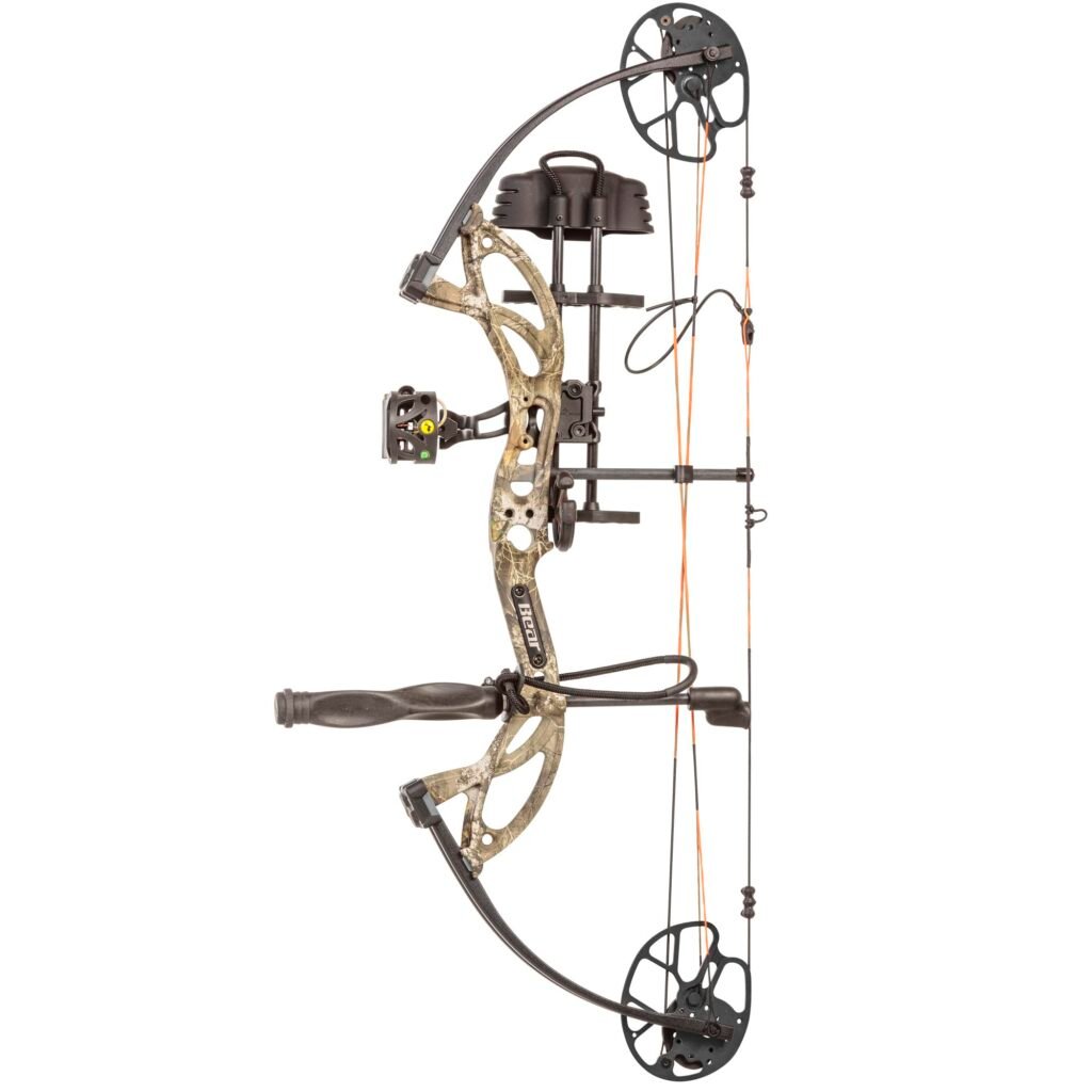Bear Archery Cruzer G2 compound bow package on a stand, ready for a beginner target session