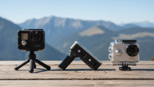 Three action cameras displayed on a table outdoors for a best GoPro for the money comparison
