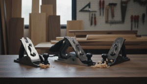 Three woodworking planers displayed on a workbench for a best planer for the money comparison