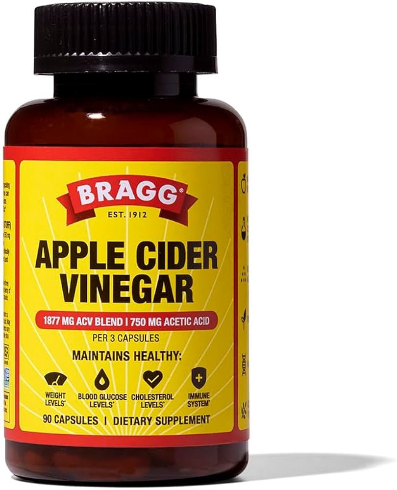 Bragg apple cider vinegar capsules bottle with supplement facts label visible