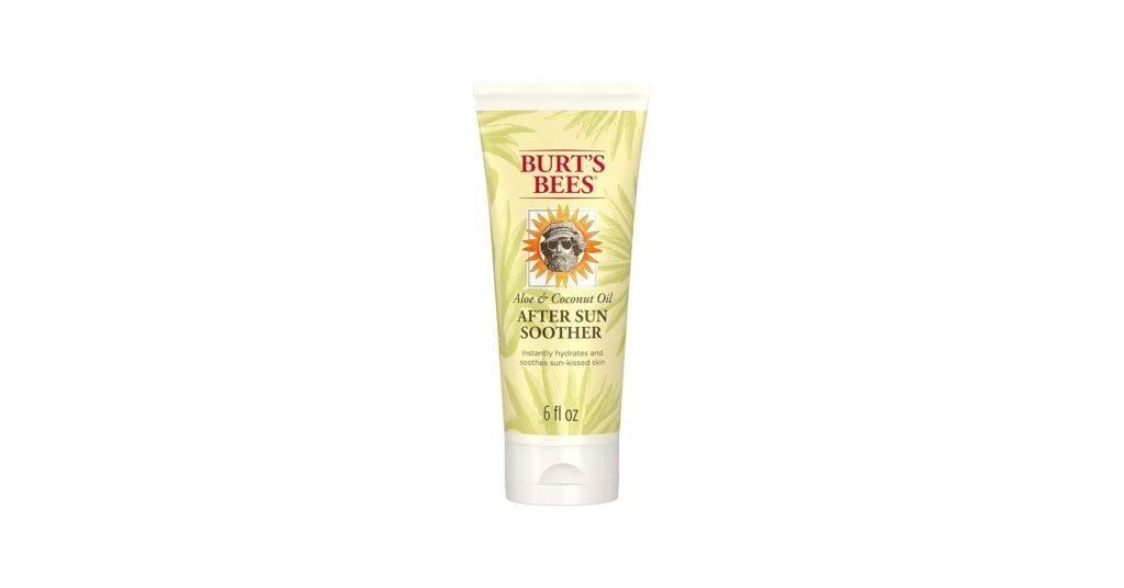 Burt’s Bees aloe coconut after sun lotion bottle beside beach towel