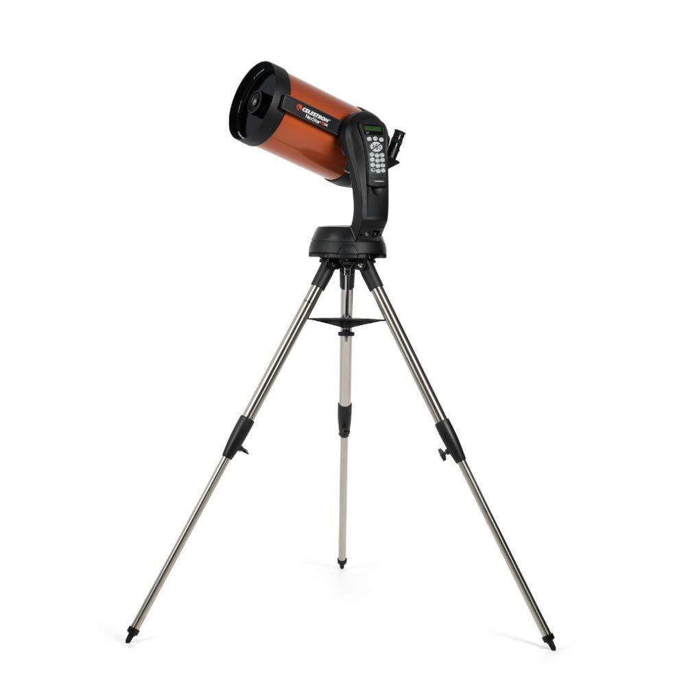 Compact orange computerized telescope on a tripod, 8-inch optical tube for planets and galaxies